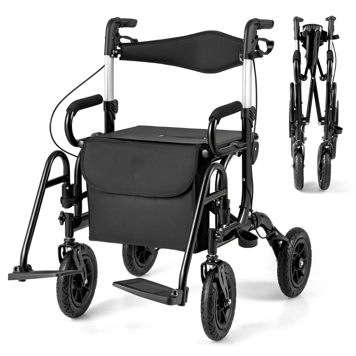 Rollator et fauteuil roulant 2-en-1 Coast - pneus gonflables - réglable en hauteur sur 6 positions - noir