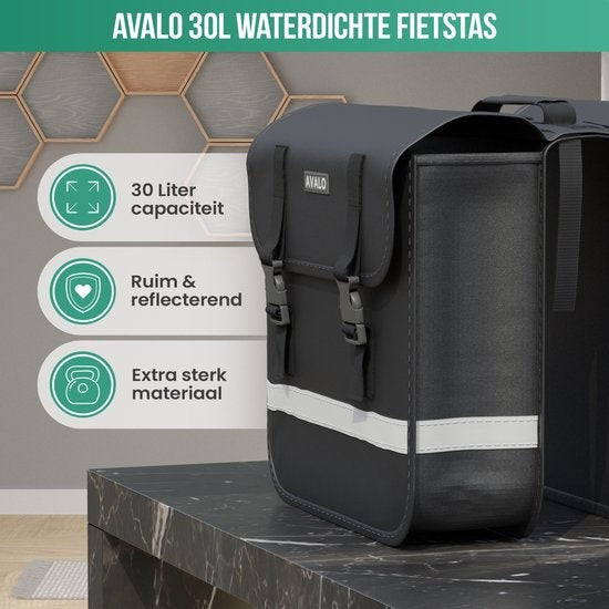 Avalo Panniers Double Waterproof - Pannier Bag 30 Liter - Black - With Reflectors - Panniers Electric Bikes