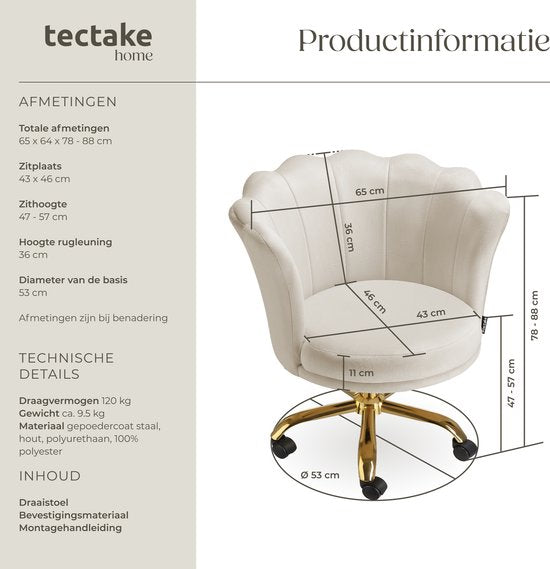 tectake® Chaise de bureau - Chaise pivotante réglable en hauteur avec revêtement en velours - Coque ergonomique - Chaise à roulettes - Chaise de salle à manger sur roulettes - Pivotant à 360° - Chaise de bureau - Blanc