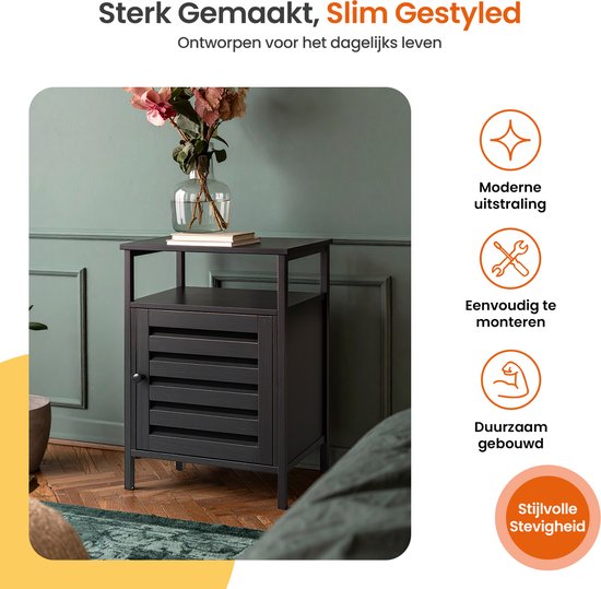 Goliving Table de chevet - 40 x 40 x 60 cm - Meuble de rangement avec porte et étagères - Bois - Industriel - Table d'appoint moderne - Noir