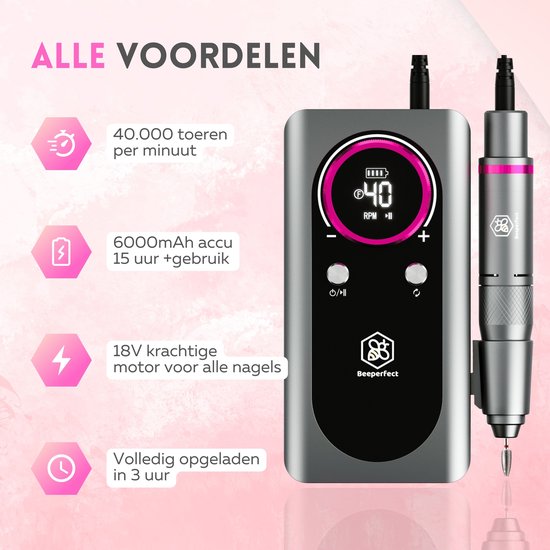 Beeperfect® Lime à ongles électrique édition de poche - Moulin à ongles - Ensemble manucure et pédicure - Sans fil - Batterie 6000MaH - Comprend 26 embouts, 60 rouleaux abrasifs et 5 accessoires - 40,000RPM