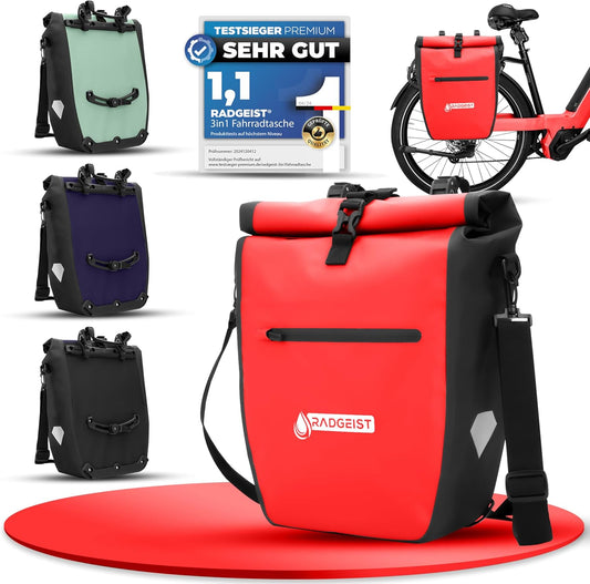 RADGEIST sacoche vélo pour porteur I Sacoche vélo 100% étanche & sacoche épaule 20L I sacoche latérale vélo avec réflecteurs (rouge)