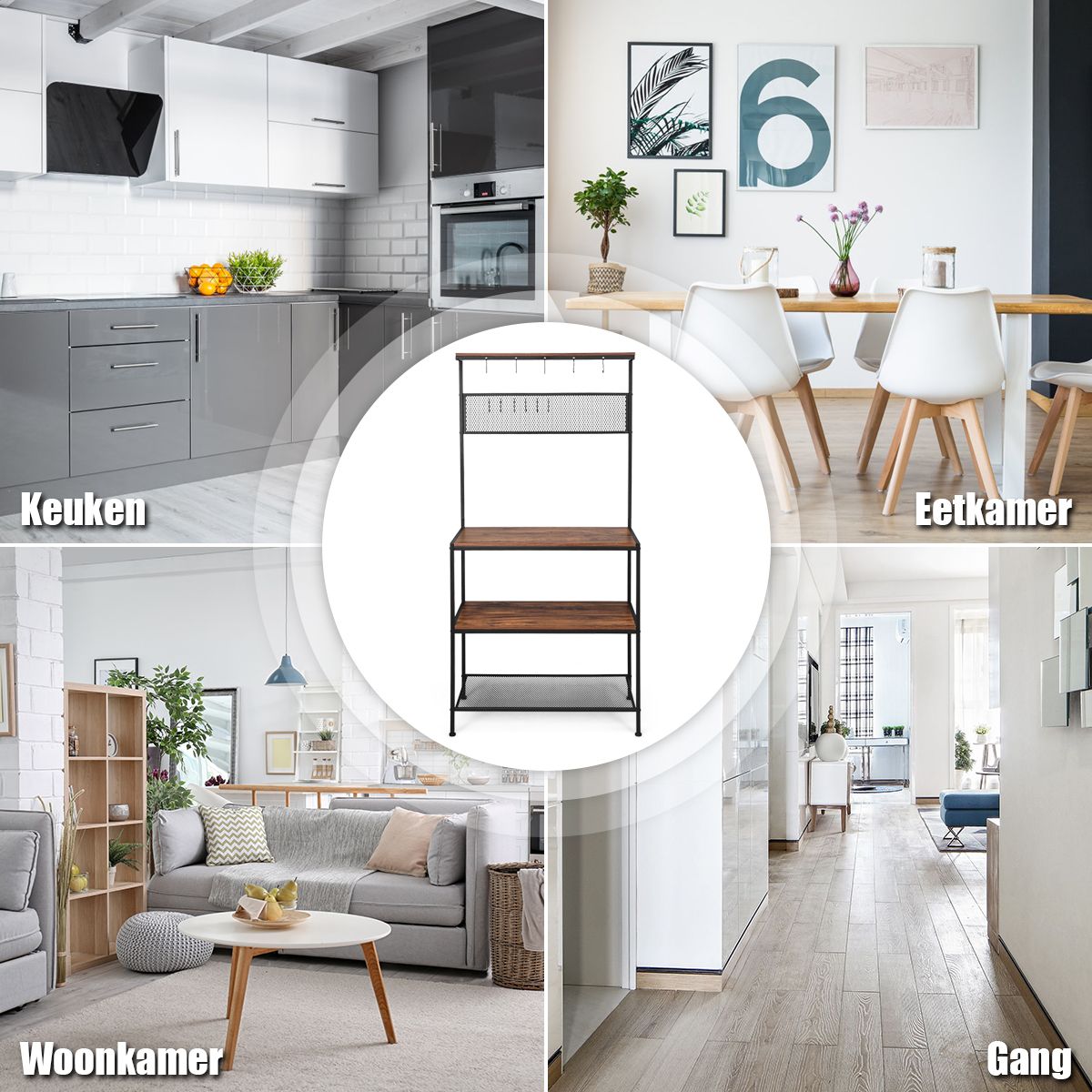 Coast 4-Layer Bakers Rack - 11 Hooks - 84 x 40 x 171 cm - Brown/Black