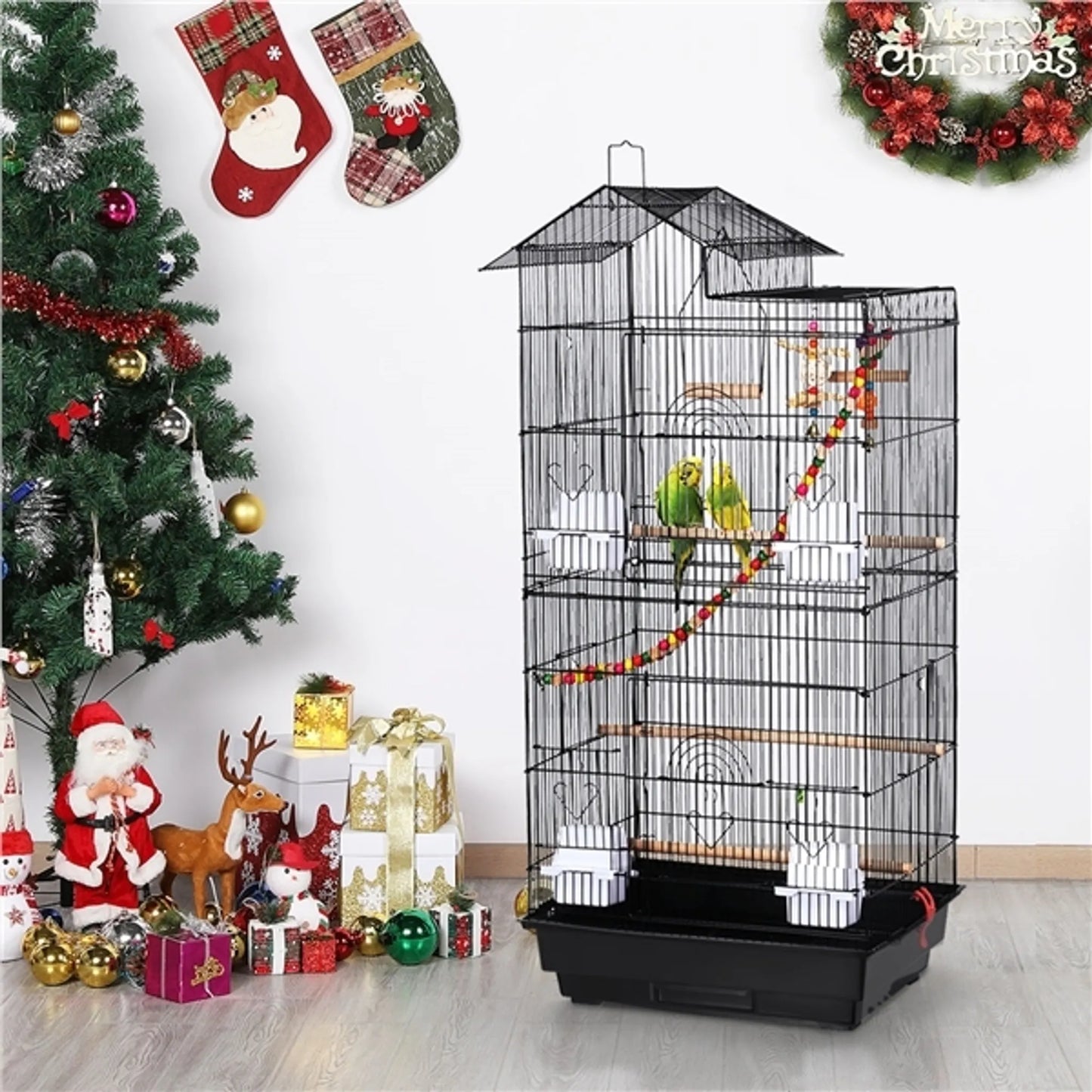 Yaheetech Cage à oiseaux avec aire de jeu - 46 x 35,5 x 99 cm - avec plaque de fond amovible et fermetures en fil de fer et ensemble complet d'accessoires - pour perruches et canaris - métal noir et bois