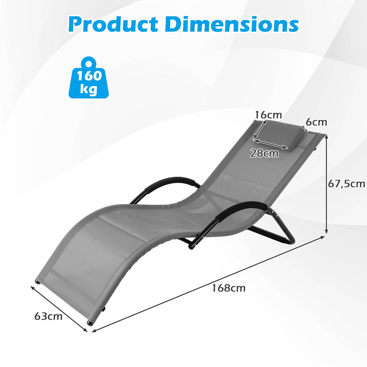 Chaise longue de jardin Coast - conception ergonomique - appui-tête amovible - gris - 1 pièce