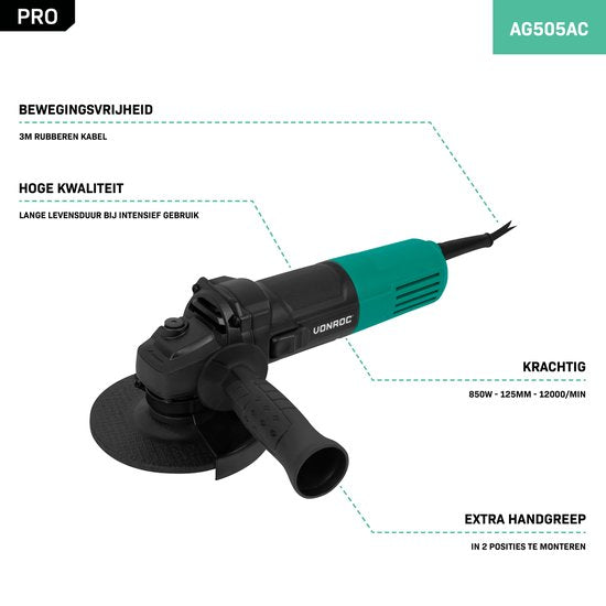 VONROC PRO Meuleuse d'angle - 850W - Ø125mm - pour la pierre, le carrelage, le béton et l'acier - poignée latérale incluse - câble de 3 mètres