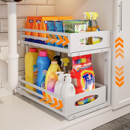 Posity Rangement pour armoire de cuisine - Rangement pour évier - Rangement pour comptoir - Support de rangement - Rangement pour salle de bain - Support de cuisine - Extensible - Métal - Blanc