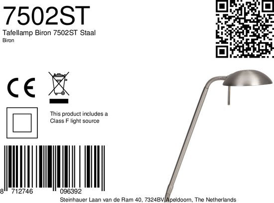 Lampe de table en acier Biron à 1 éclairage 7502ST avec bras pivotant et inclinable, socle de 17 cm, cordon de 185 cm, design classique, Mexlite