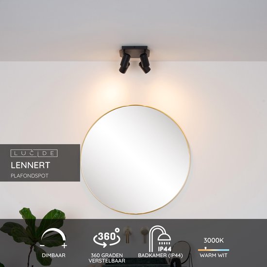 Lucide LENNERT - Spot de plafond (lampe de plafond) pour salle de bains - LED à intensité variable - GU10 - 4 x 5 W, 3000 K - IP44 - Noir
