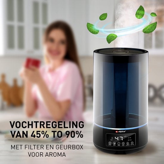 alpina Humidificateur 4.3L - Humidificateur - Diffuseur d'arômes avec minuterie - Télécommande - Noir