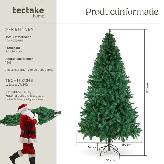 tectake® Arbre de Noël artificiel - Arbre de Noël artificiel fermé avec branches de pin flexibles et pliables et support en acier - 230 cm, 1346 aiguilles - Vert, idéal pour les décorations de Noël