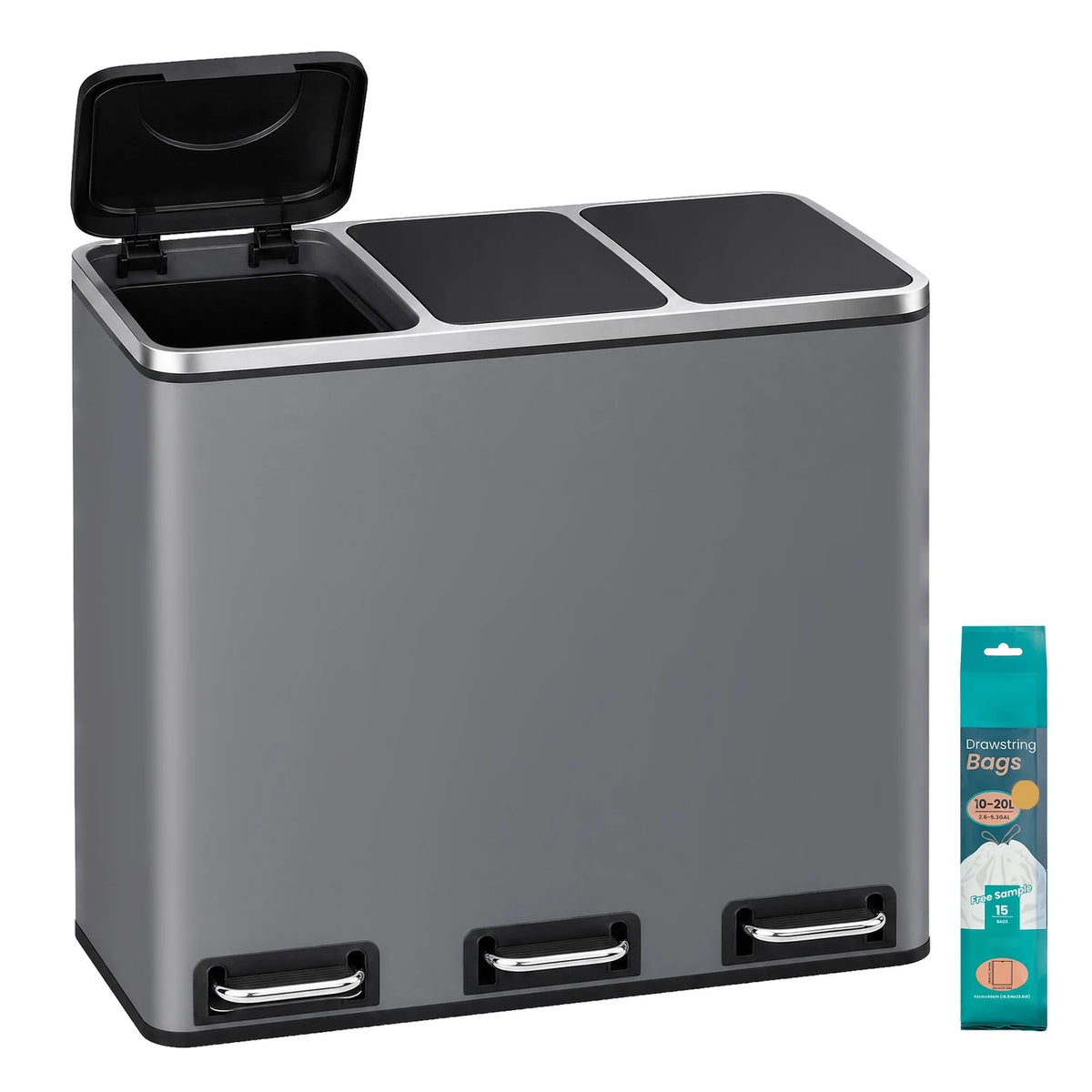 Poubelle Joyfurnos à 3 compartiments, 61 x 31,5 x 55,5 cm, grise, à fermeture douce, en acier inoxydable, pour déchets de cuisine