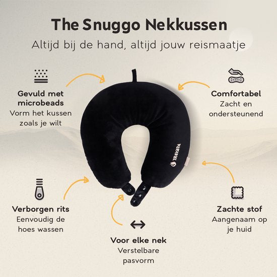 TRAVARA Oreiller cervical The Snuggo - Oreiller de voyage à microbilles pour l'avion - Oreiller de voiture - Travel Pillow - Noir