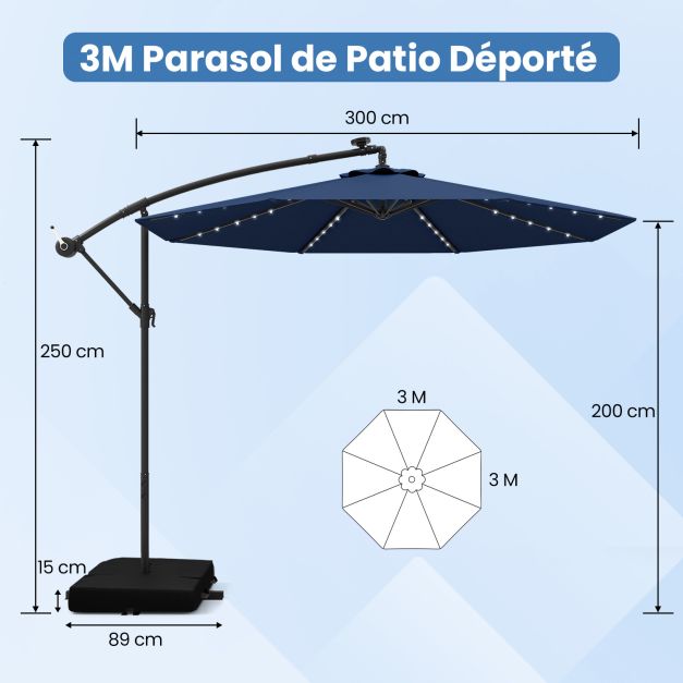 Ensemble de jardin 5 pièces avec parasol suspendu de 3 m et éclairage LED - Bleu/Gris