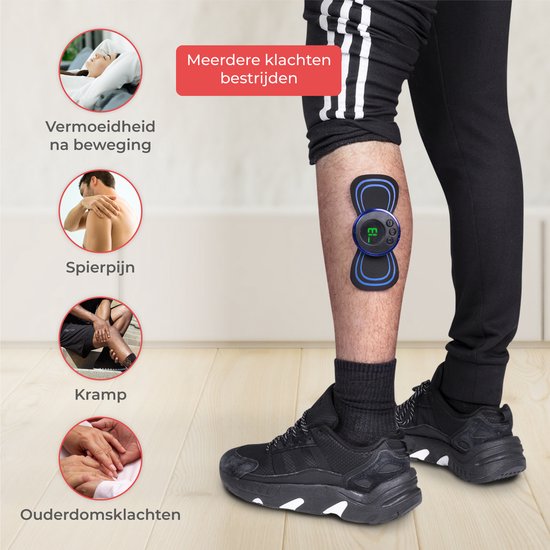 Nuvance - Appareil de massage EMS avec commande - Livret et 6 tapis de massage réutilisables inclus - Stimule la circulation - Convient pour le dos, les bras et les jambes - Sans fil - 8 niveaux et 19 intensités - Noir/Bleu