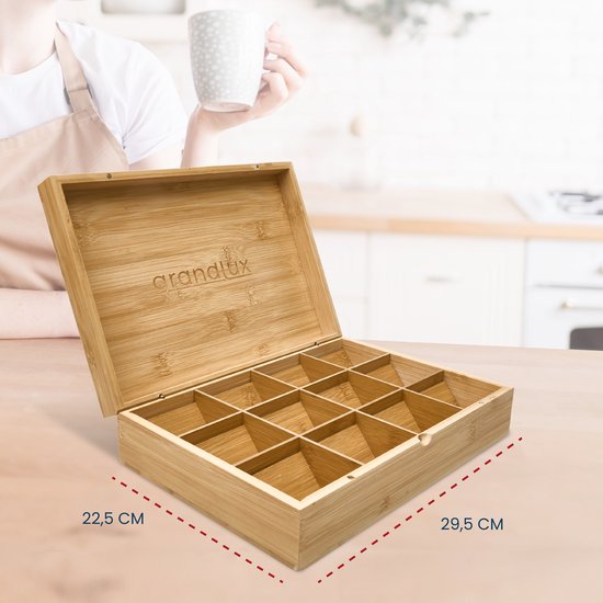 Boîte à thé Grandlux à 12 compartiments – Compartiments spacieux pour Pickwick, Pukka, Twinings, Clipper – 100 % bambou – Rangement pour thé