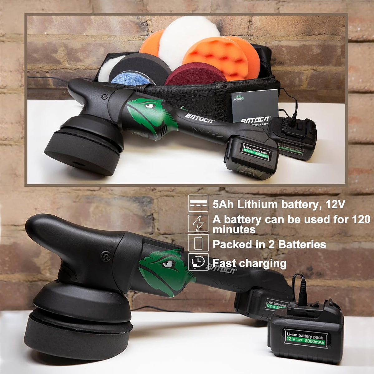 Polisseuse sans fil BATOCA S2 - 2 000-4 500 tr/min - Excentrique 8 mm - 125 mm - 2 batteries de 5 000 mAh