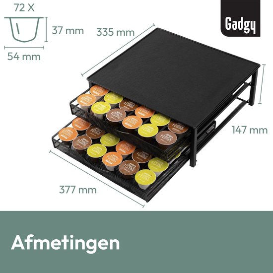 Porte-capsules Gadgy Dolce Gusto à 2 tiroirs - Porte-capsules avec tiroir - Porte-tasses à café pour 72 capsules - Porte-dosettes - Acier inoxydable - Noir - Antidérapant et amortissant les vibrations