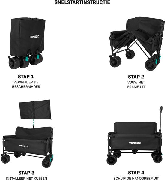 VONROC Wagon - Avec fonction siège - Pliable - Capacité de charge de 120 kg - Capacité de 115l - Roues solides anti-fuites - Cadre en acier robuste - Polyester 600D - Noir