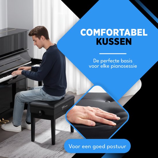 Finesse Premium Piano Bench - Hauteur réglable - avec rangement - Coussin souple - Tabouret de piano - Chaise de piano - Noir