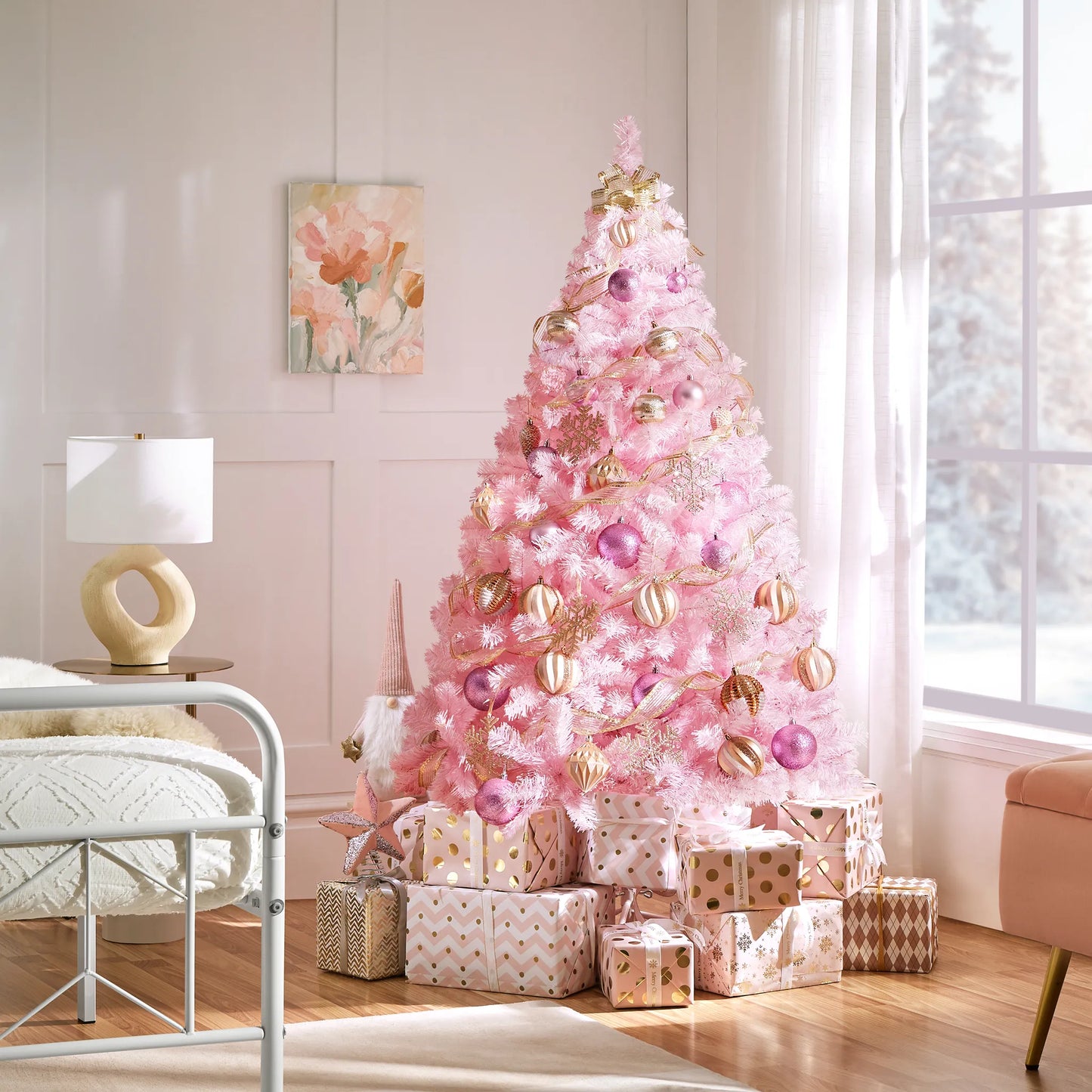 Yaheetech Arbre de Noël artificiel rose - 110 x 110 x 183 cm - avec 598 branches et une base métallique pliable et des capuchons en caoutchouc protecteurs - pour le salon et les vacances - PVC et métal rose