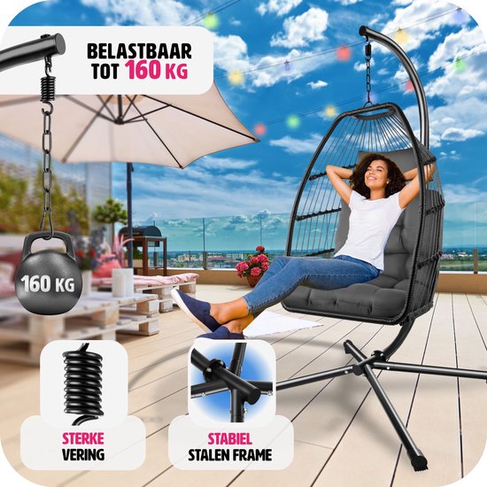 tectake® - Chaise suspendue de luxe - chaise pliante et pivotante avec support - coussins épais - pieds antidérapants - housse de protection incluse. Idéal pour le jardin, la terrasse, la chambre - gris foncé