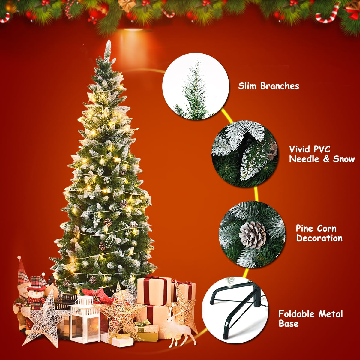 Coast Snowy Slim Artificial Christmas Tree Green/White - 64 x 183 cm - Avec 630 pointes de branches et 29 pommes de pin