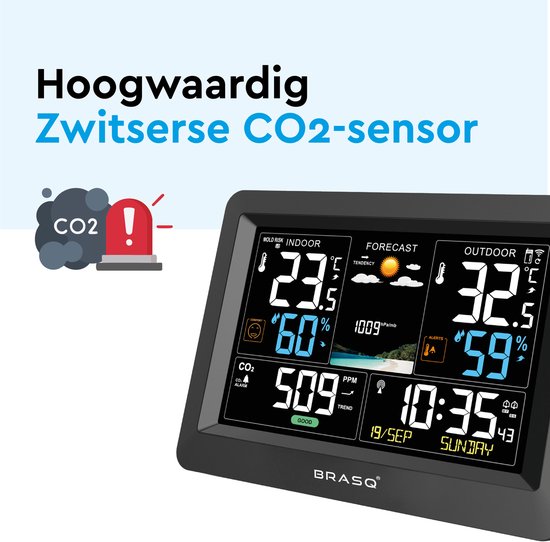 BRASQ Station météo intérieure et extérieure sans fil avec compteur de CO2 - Hygromètre - Avec capteur extérieur jusqu'à 60 mètres - Humidimètre - Thermomètre - Baromètre - piles incluses