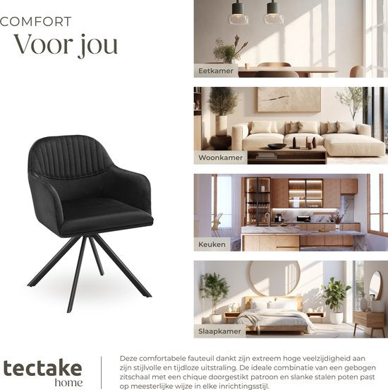 tectake® Chaise pivotante en velours - Chaise de bureau - Chaise de salle à manger avec accoudoirs - Chaise de bureau en velours, chaise de cuisine, chaise de salon - 56 x 59 x 81 cm - Noir/noir