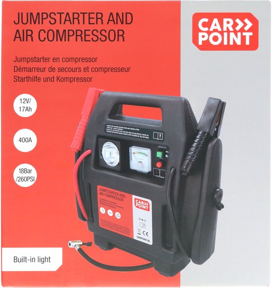 Carpoint Jumpstarter - 12 Volt - Avec compresseur d'air - Puissance de pointe 400A - Chargement avec adaptateur 230 Volt ou 12 Volt - Pression maximale du compresseur 18 BAR/260 PSI - Eclairage LED intégré - Dimensions 365x345x175mm