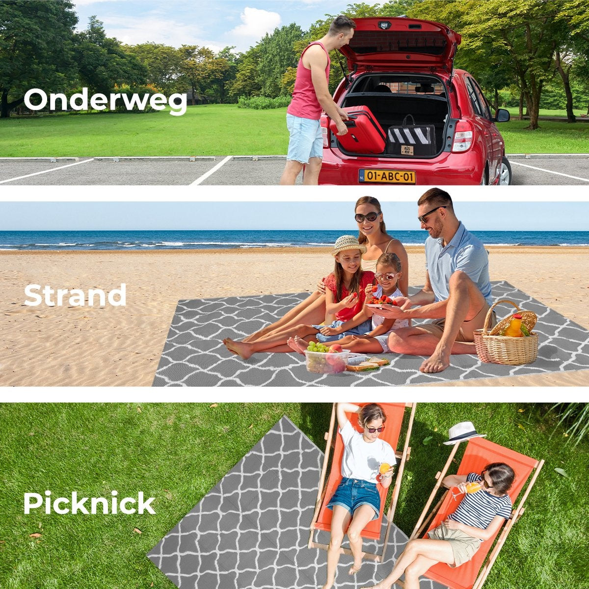 LifeGoods Tapis d'extérieur - 120x180CM - Tapis de jardin - Réversible - Sac de transport inclus - Avec motif - Gris/Blanc