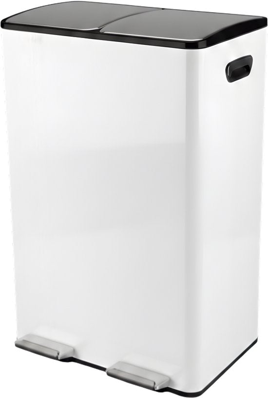 Bayt Poubelle - Poubelle 60 litres (2x30) - Poubelle 60 litres - Poubelle à pédale 60 litres - Poubelle Séparation des déchets - Poubelle 2 compartiments - Poubelle - inox - Blanc