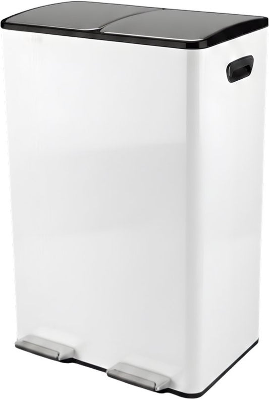 Bayt Poubelle - Poubelle 60 litres (2x30) - Poubelle 60 litres - Poubelle à pédale 60 litres - Poubelle Séparation des déchets - Poubelle 2 compartiments - Poubelle - inox - Blanc