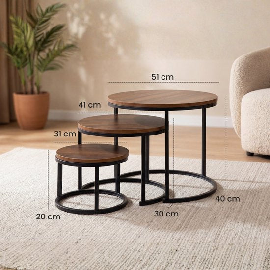 Bayt Table basse - Set de table basse - Table de salon ronde - Set 3 pièces - Table d'appoint - Table basse - Bois - Marron