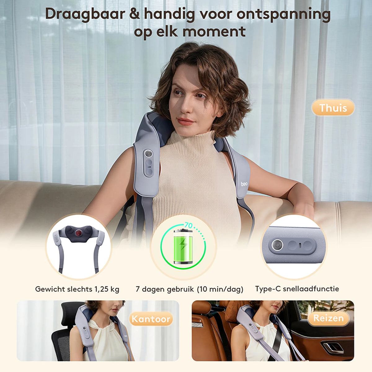 Appareil de massage pour la nuque Breo N6 Mini avec fonction chauffante - Sans fil - 80 minutes - Nuque et épaules