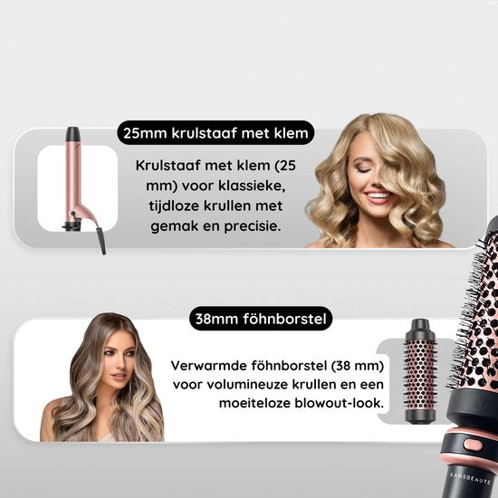 Sansbeauté® 5 in 1 Thermal Brush - Heat Brush - Thermal Brush 38mm with Attachments - Curling Brush - Blow-dry Brush Short Hair - Hair Curler - Hair Brush - Thermal Brush - Multistyler - Hairstyler - Volume and Curls
