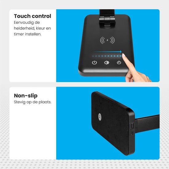 Lampe de bureau Auronic - LED - Chargement mobile USB et sans fil - Minuteur - Lampe à pince dimmable - Lumière blanche et chaude - Noir