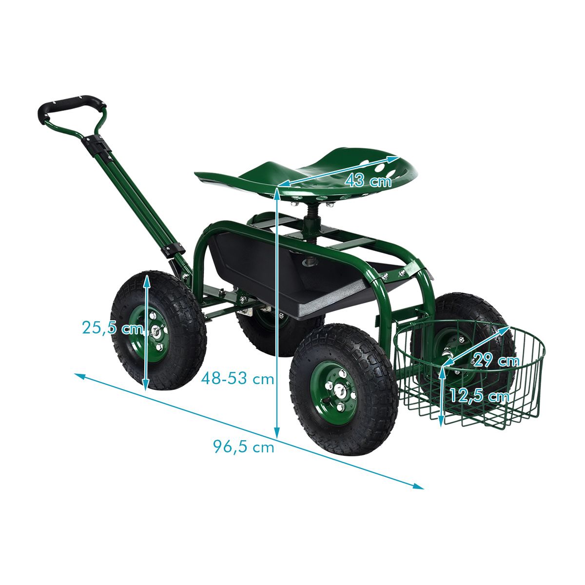 Chariot de jardin Coast avec poignée réglable - siège ergonomique - panier de rangement et bacs à outils - vert
