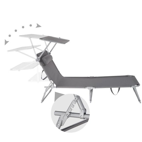 tectake® - chaise longue, robuste, réglable, base en acier avec parasol, dossier à 4 positions avec coussin, chaise de plage Idéal pour le jardin, la piscine, le camping - gris