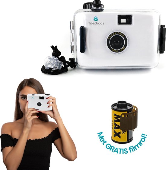 TibaGoods appareil photo jetable - avec rouleau - étanche - appareil photo analogique - appareil photo pour enfants - blanc