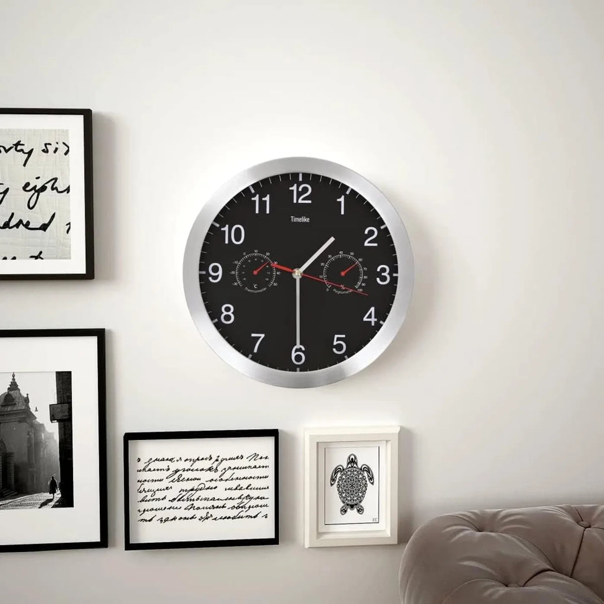 Horloge murale VidaXL Ø 30 cm avec thermomètre et hygromètre - Mouvement à quartz de précision - Aluminium noir