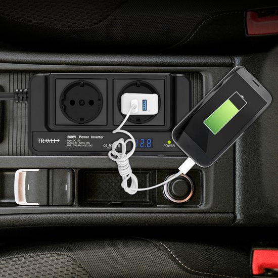 Travli Onduleur 12v 230v - Chargeur de voiture - Onduleur portable - 2x prise 230V - 4x ports de charge usb 5V