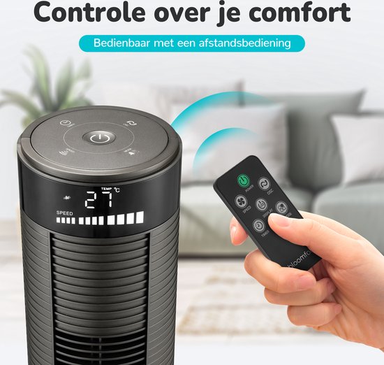 Ventilateur de tour Bloomfold - 38 pouces - Gris - Télécommande - Mode veille - Minuterie 12 heures - Affichage LED complet