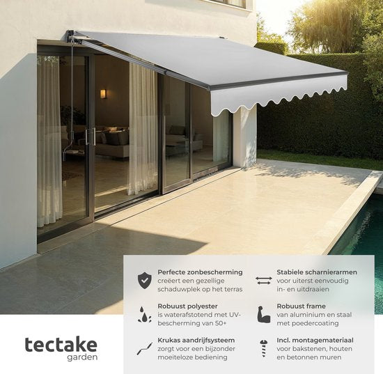 tectake® Sunshade with Articulated Arm - 250 x 200 cm - Store - Protection solaire pour fenêtre, balcon, extérieur - Fixation murale - Résistant à l'eau et aux UV - Gris clair