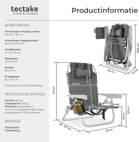 tectake® Beach Chair Coral - Chaise de camping pliable avec sac isotherme et sac de rangement - Dossier réglable en 5 directions avec coussin de tête - Accoudoirs larges avec porte-gobelet / porte-téléphone - Chaise de camping pliable - Gris