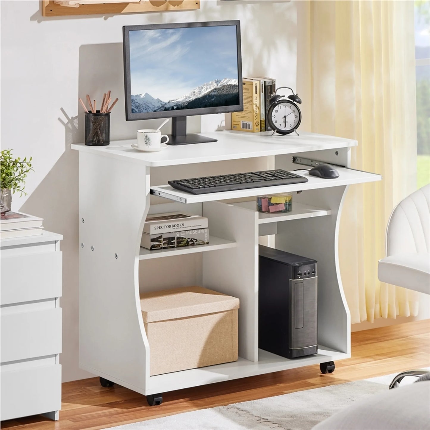 Yaheetech Bureau d'ordinateur sur roulettes - avec tiroir à clavier extensible et deux plateaux de rangement et fonction de freinage - pour bureau à domicile et chambre à coucher - Mdf blanc et métal - 80 x 48 x 76 cm