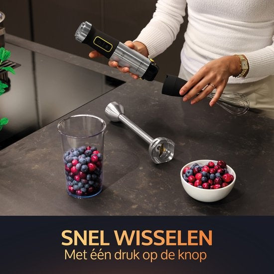 JAP Appliances ForceBlend F3 - 7in1 Hand blender set (1500W) - Comprend un robot culinaire, une tasse à mesurer, un éminceur en spirale, un fouet et un batteur - Pour la soupe, la viande, les smoothies et les collations pour bébés - Black/RVS