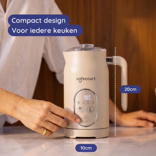 Safecourt kitchen Mousseur à lait électrique - 100% sans PFAS - Affichage et contrôle de la température - 4 en 1 - 350ml - Beige