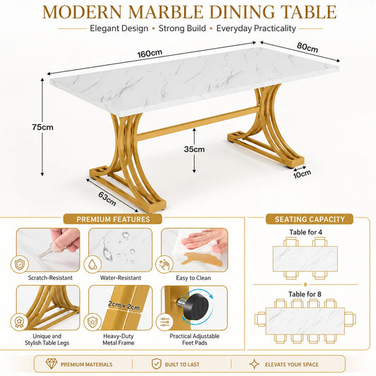 Table de réunion Lantine 160 x 80 cm - Pour 4 à 6 personnes - Marbre synthétique blanc et doré - Pieds métalliques modernes