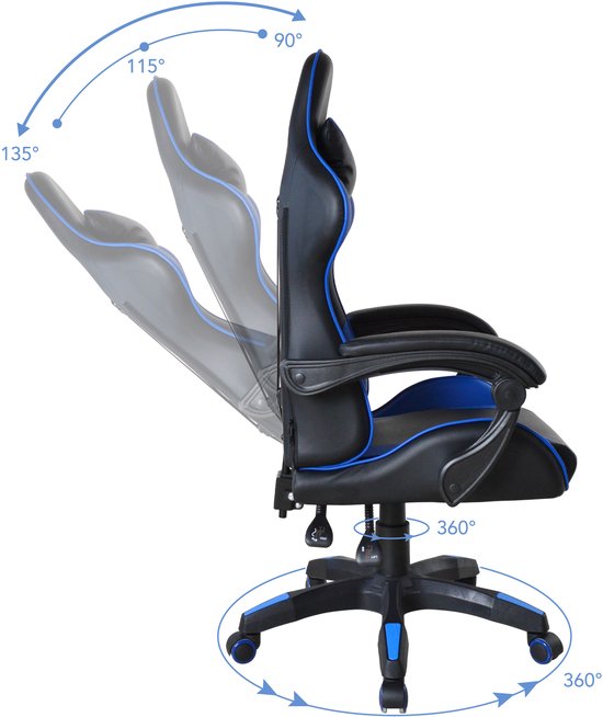 VDD Gaming - Fauteuil gaming - Fauteuil de jeu - Fauteuil gaming noir - Fauteuil gaming bleu - Fauteuil de bureau - Fauteuil de travail - Réglable - Ergonomique - Poids max. 120 kg